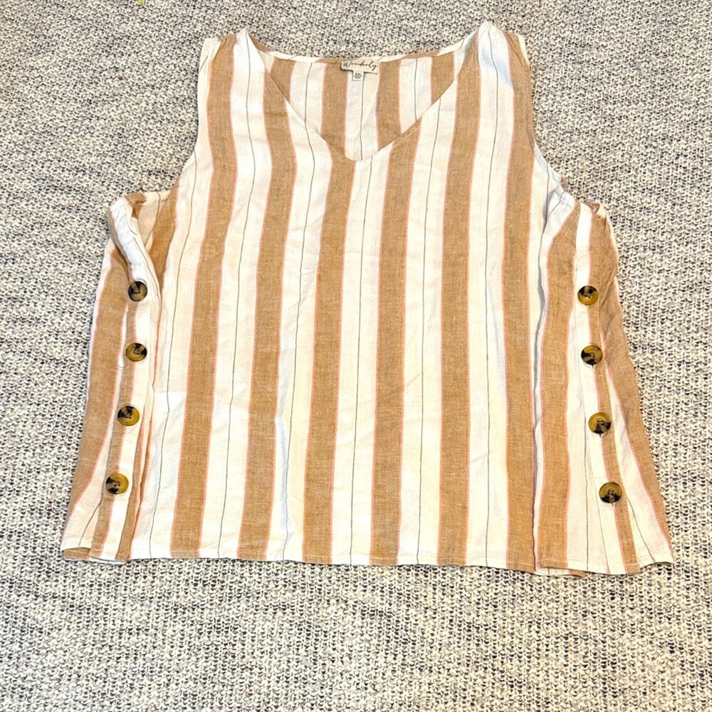 Wonderly Tan and White Striped Tank Top with Button Accents